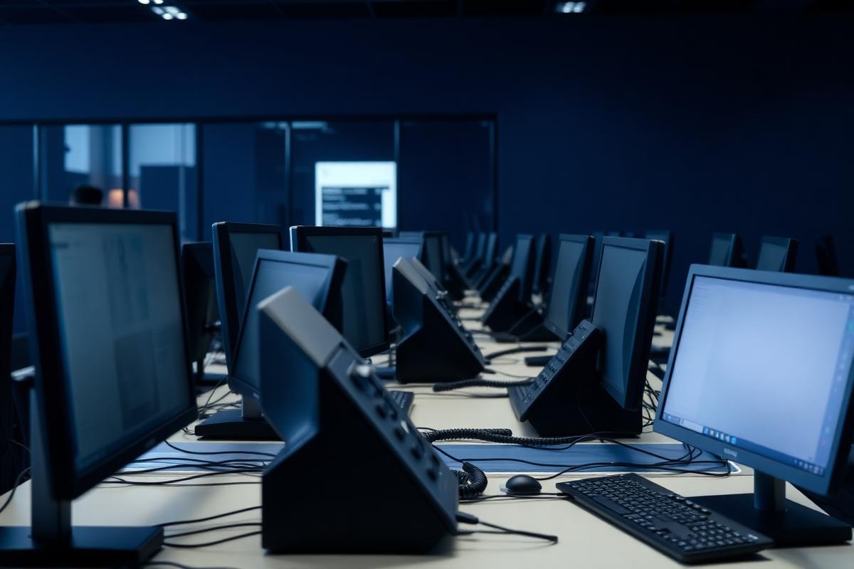 Row of office workstations with monitors, keyboards and desk phones