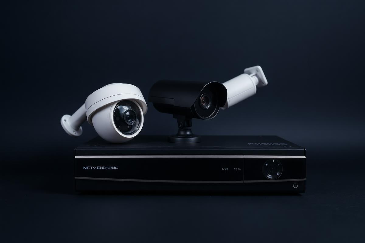 Dome camera, bullet camera and network video recorder arranged on a dark surface