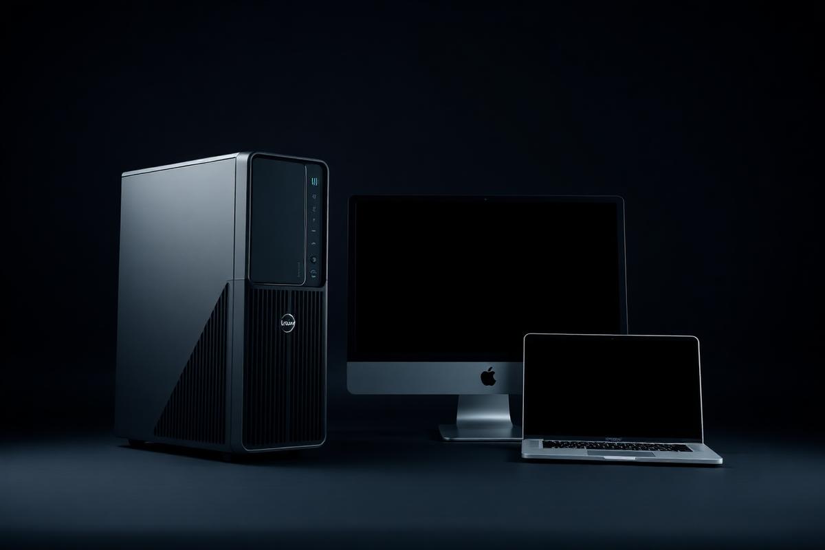 Desktop computer tower, monitor and business laptop on a dark background