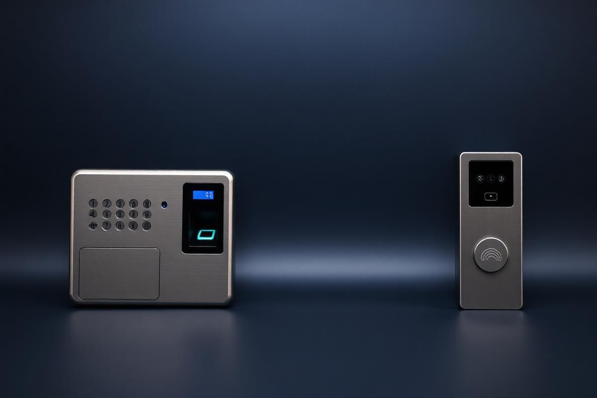 Biometric attendance terminal and card reader panel on a dark background
