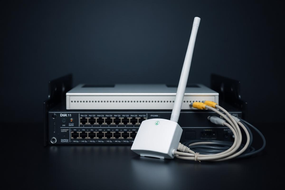 Rack-mount network switch, wireless access point and patch cables